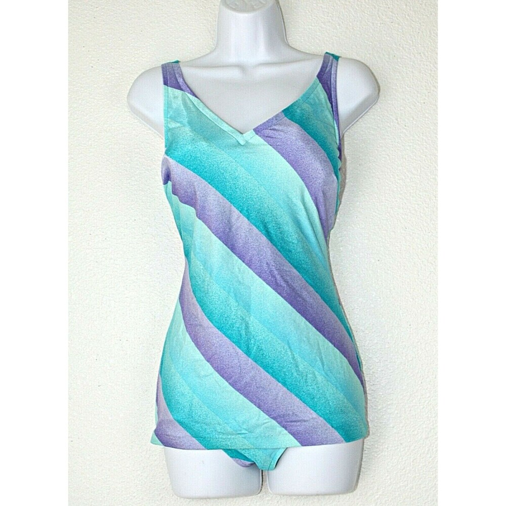 VTG JENTZEN 1 PC Swimsuit  Swimdress Sz. 14/16 Turquoise Aqua Purple Stripes #02